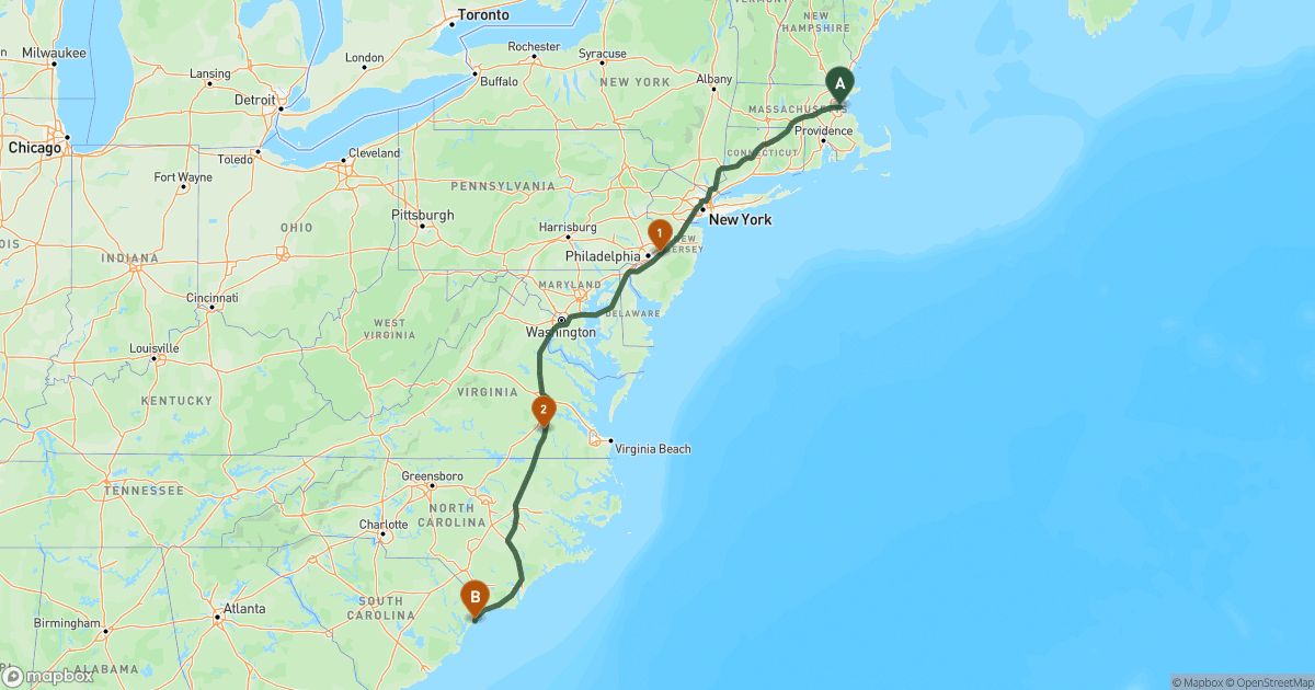 Map of the RV route from Boston, MA to Myrtle Beach, SC