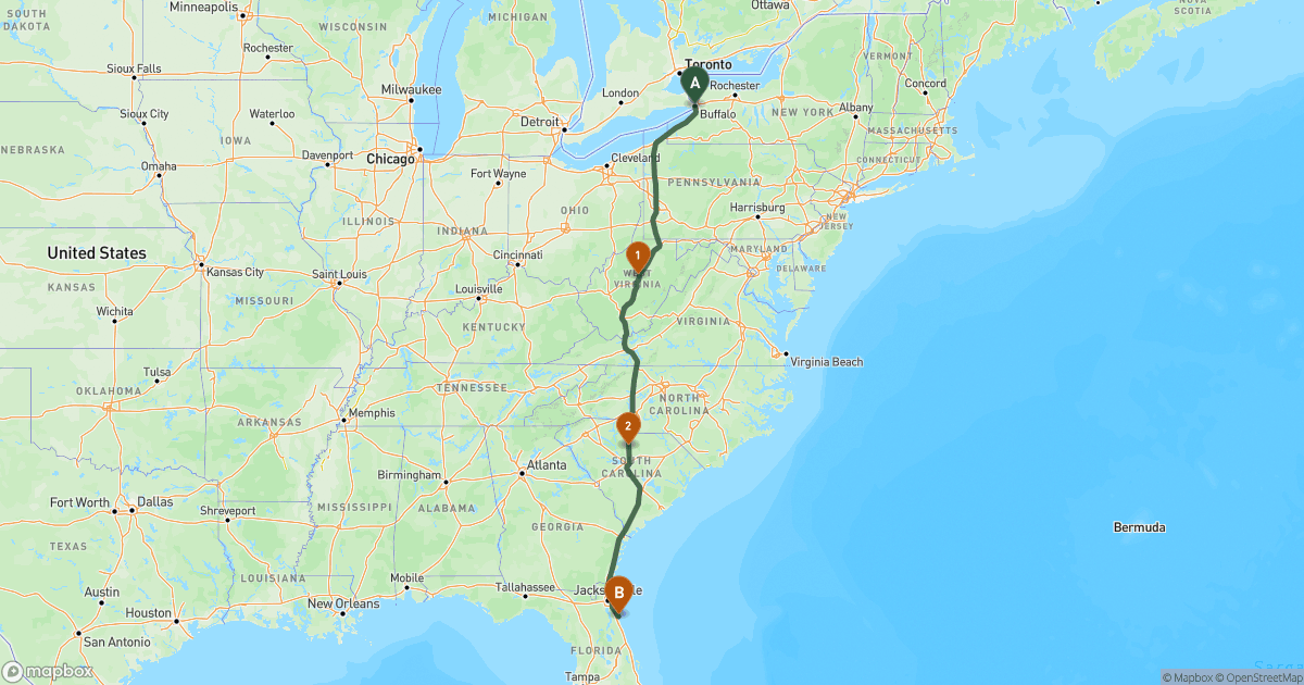 Map of the RV route from Buffalo, NY to St. Augustine, FL