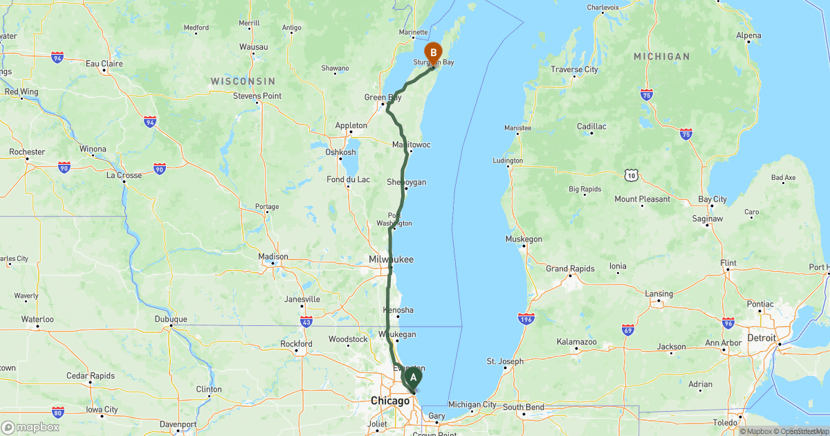 Map of the RV route from Chicago, IL to Sturgeon Bay, WI