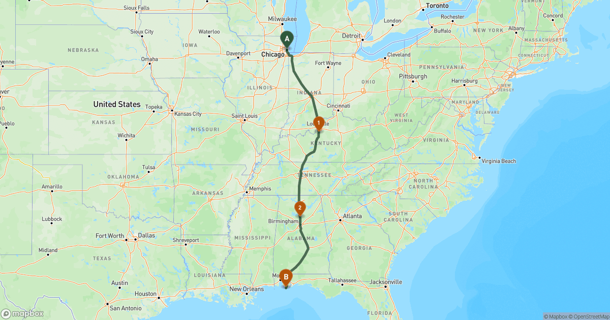 Map of the RV route from Chicago, IL to Gulf Shores, AL