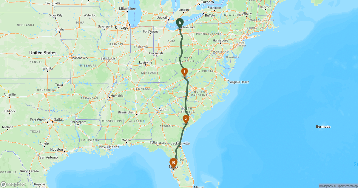Map of the RV route from Cleveland, OH to Tampa, FL