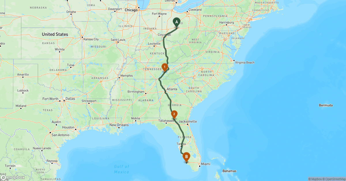Map of the RV route from Columbus, OH to Naples, FL
