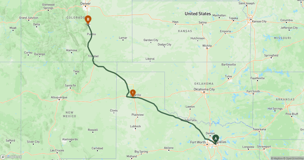 Map of the RV route from Dallas, TX to Colorado Springs, CO