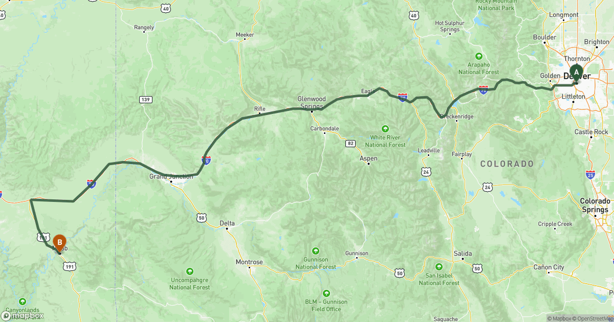Map of the RV route from Denver, CO to Moab, UT