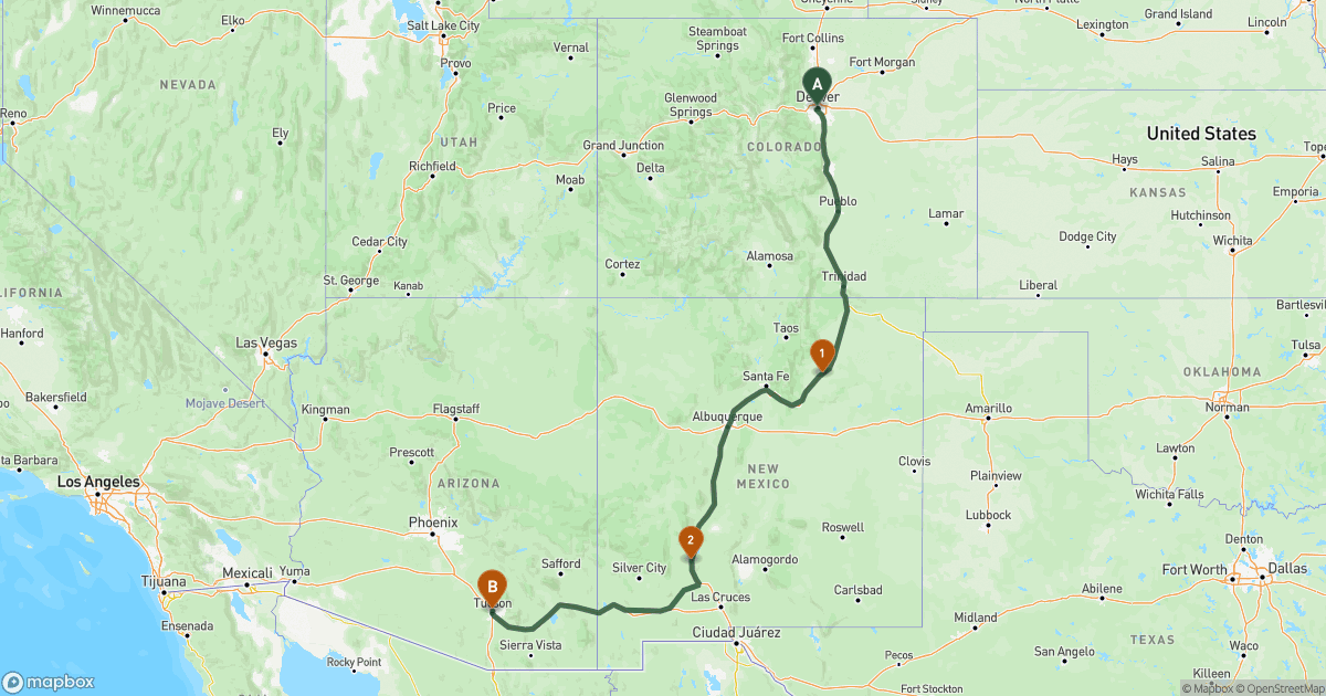 Map of the RV route from Denver, CO to Tucson, AZ
