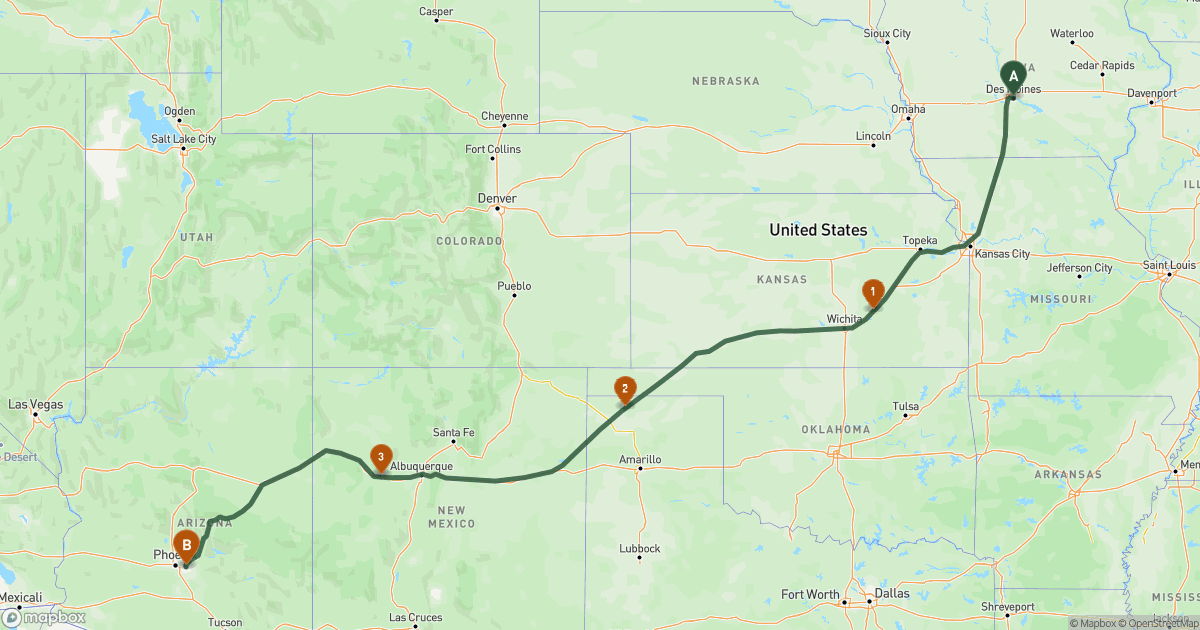 Map of the RV route from Des Moines, IA to Mesa, AZ