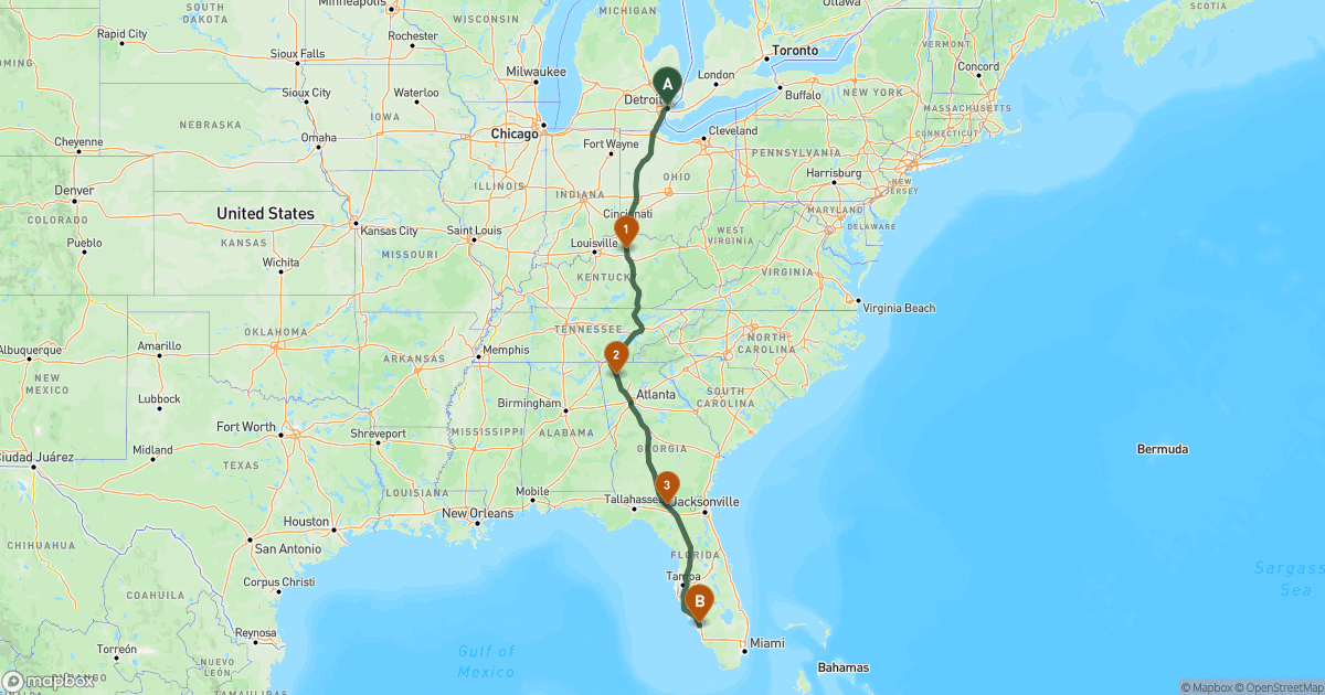 Map of the RV route from Detroit, MI to Fort Myers, FL