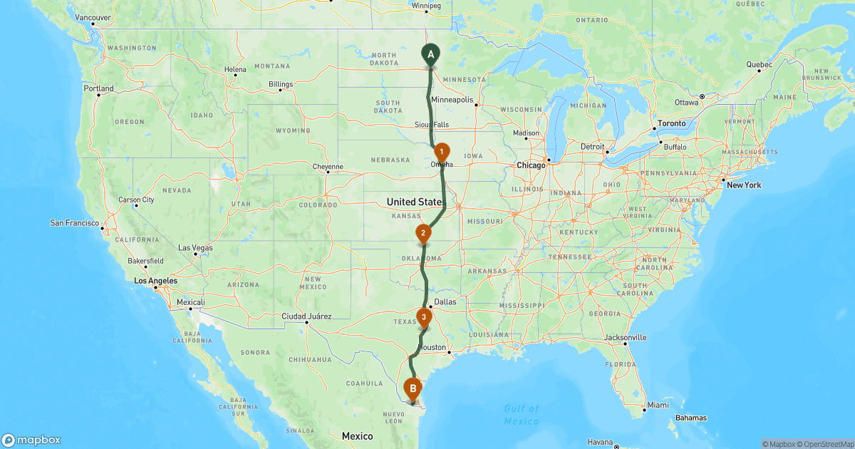 Map of the RV route from Fargo, ND to McAllen, TX