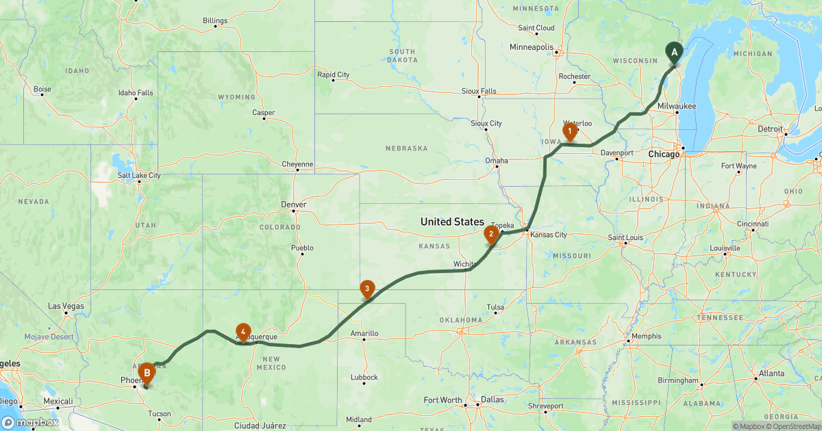 Map of the RV route from Green Bay, WI to Apache Junction, AZ