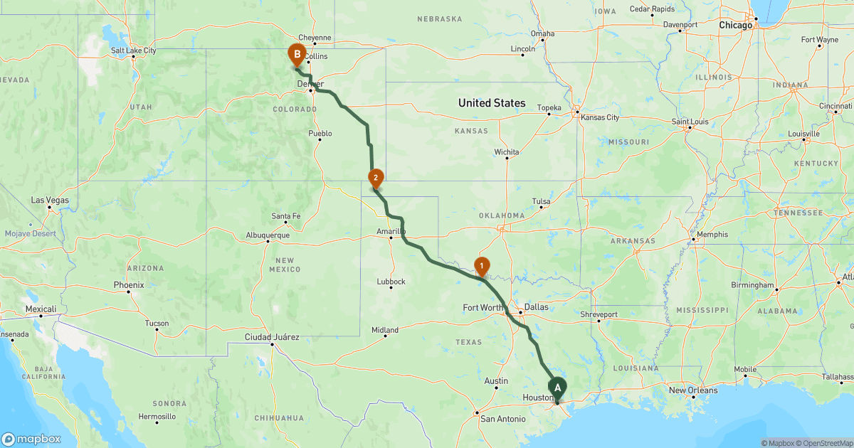 Map of the RV route from Houston, TX to Estes Park, CO