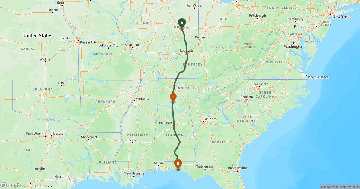 Map of the RV route from Indianapolis, IN to Destin, FL