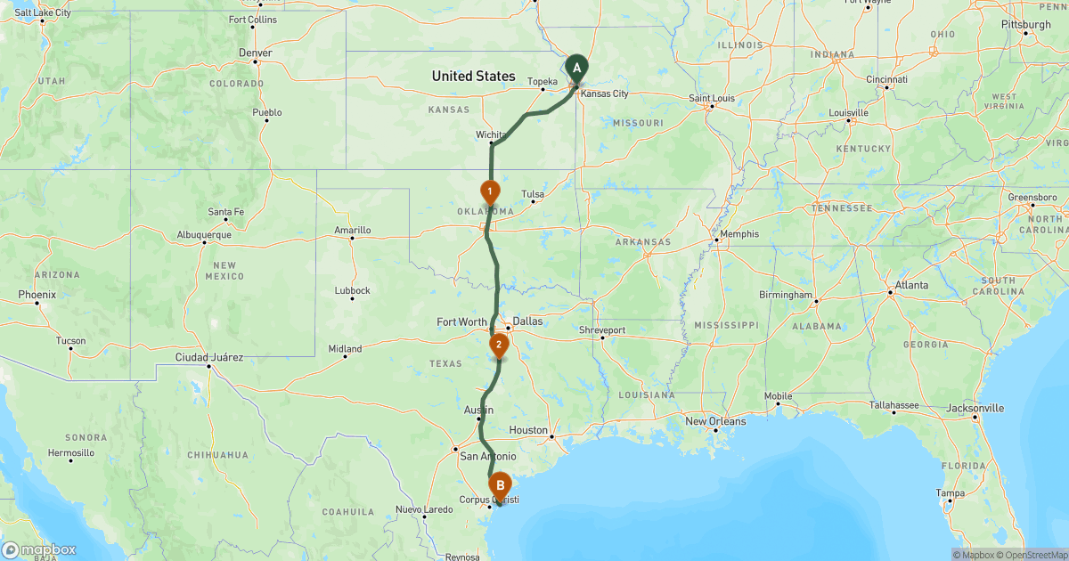 Map of the RV route from Kansas City, MO to Port Aransas, TX