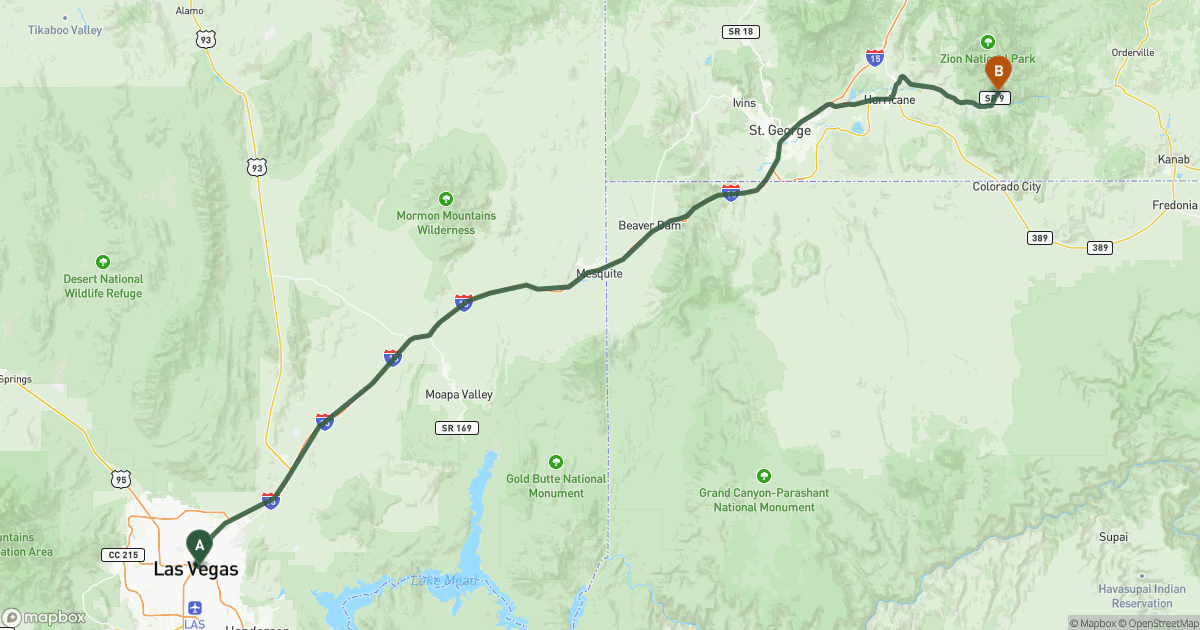 Map of the RV route from Las Vegas, NV to Springdale, UT