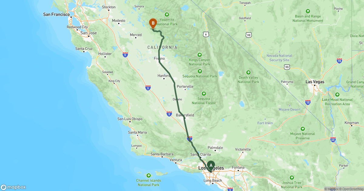 Map of the RV route from Los Angeles, CA to Mariposa, CA