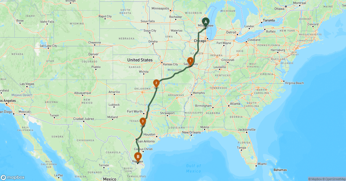 Map of the RV route from Milwaukee, WI to McAllen, TX