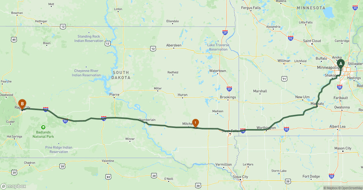 Map of the RV route from Minneapolis, MN to Rapid City, SD