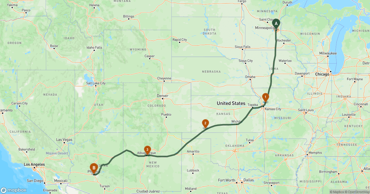 Map of the RV route from Minneapolis, MN to Phoenix, AZ
