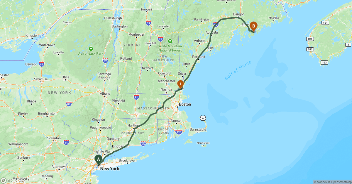Map of the RV route from New York, NY to Bar Harbor, ME