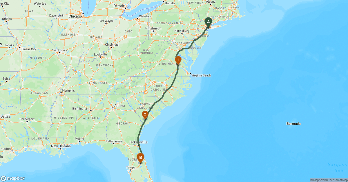 Map of the RV route from New York, NY to Orlando, FL