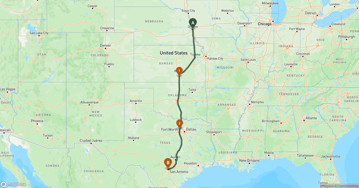 Map of the RV route from Omaha, NE to San Antonio, TX