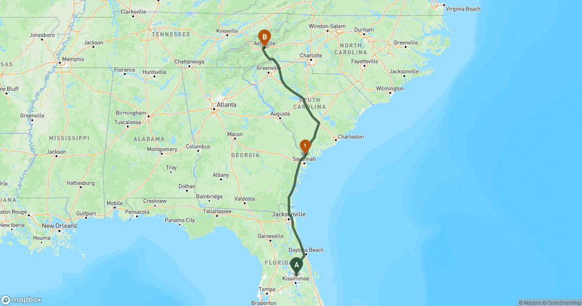 Map of the RV route from Orlando, FL to Asheville, NC