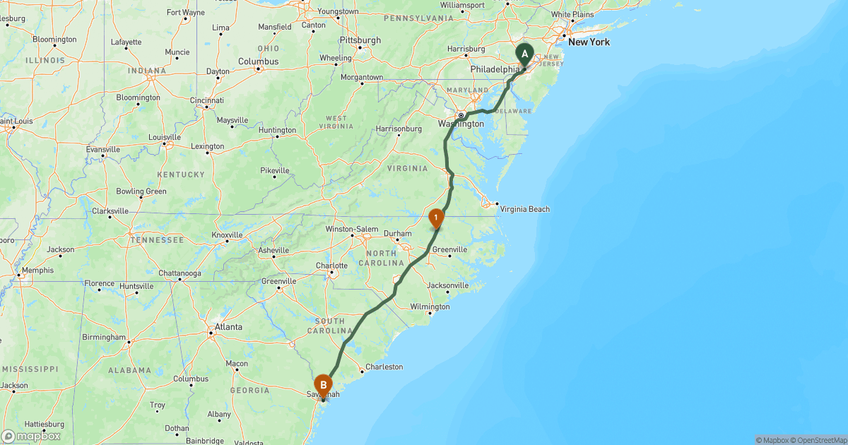 Map of the RV route from Philadelphia, PA to Savannah, GA