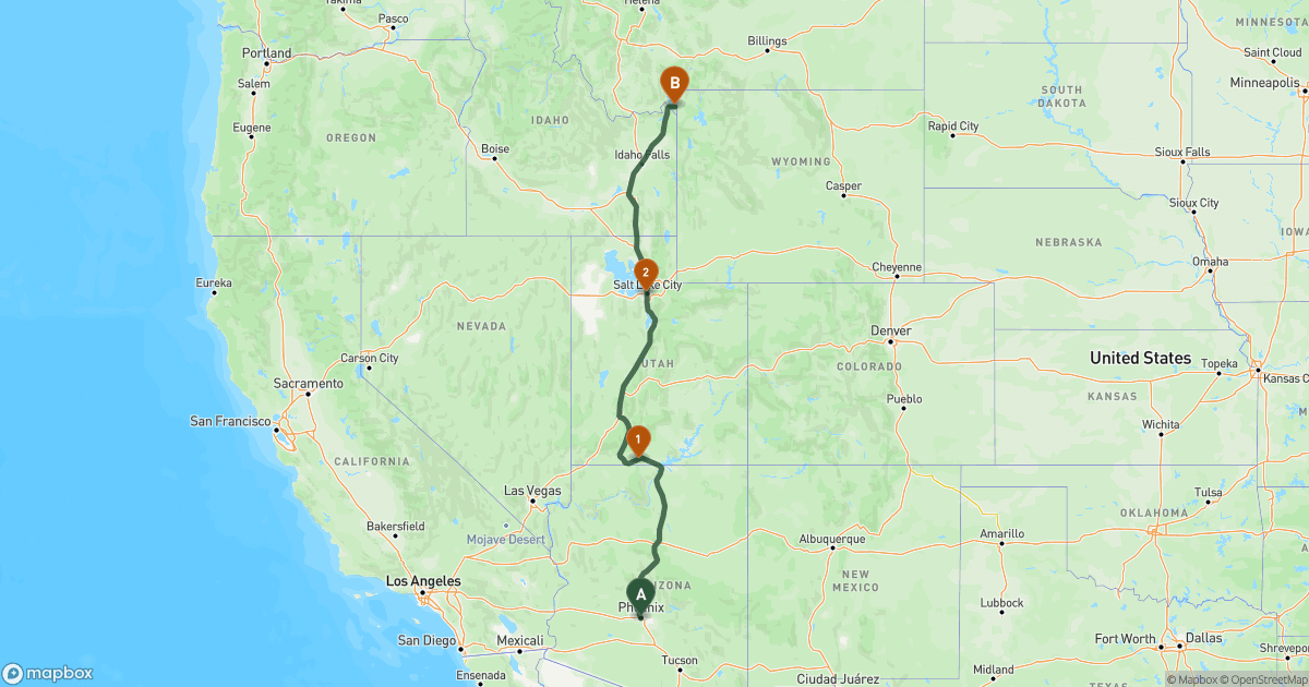 Map of the RV route from Phoenix, AZ to West Yellowstone, MT