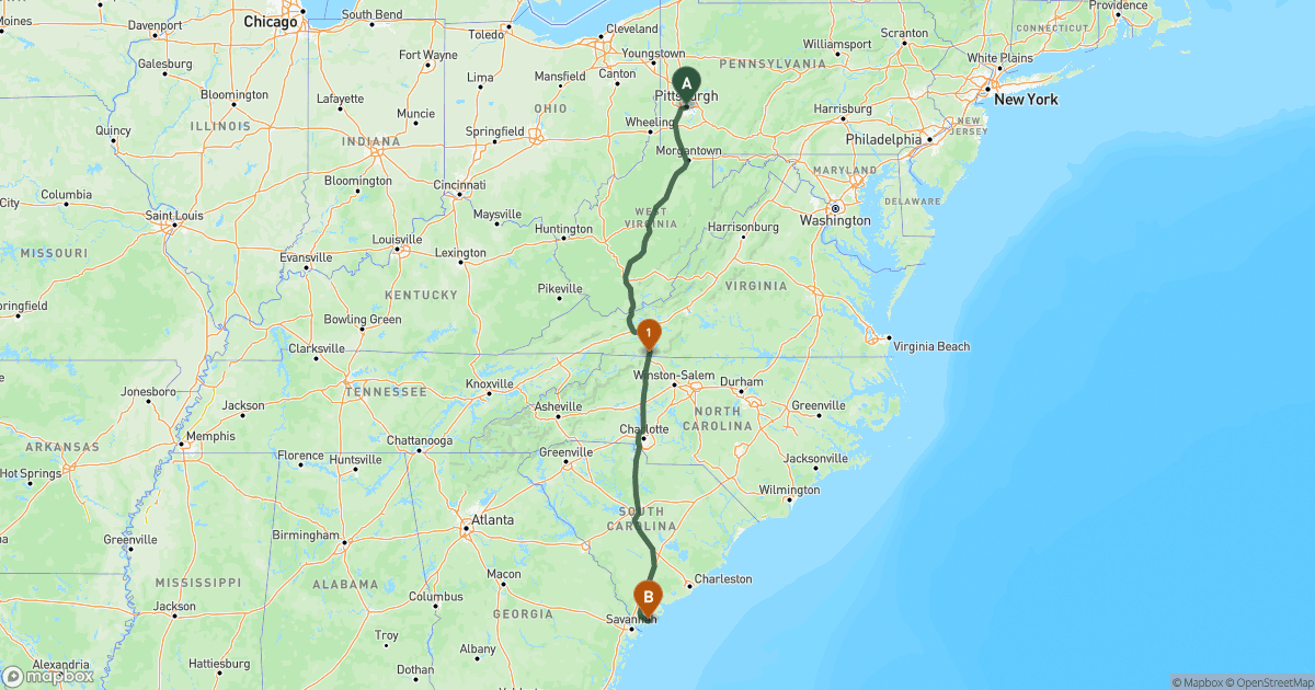 Map of the RV route from Pittsburgh, PA to Hilton Head Island, SC