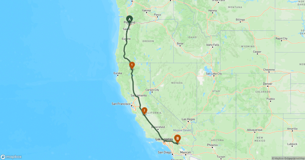 Map of the RV route from Portland, OR to Palm Springs, CA