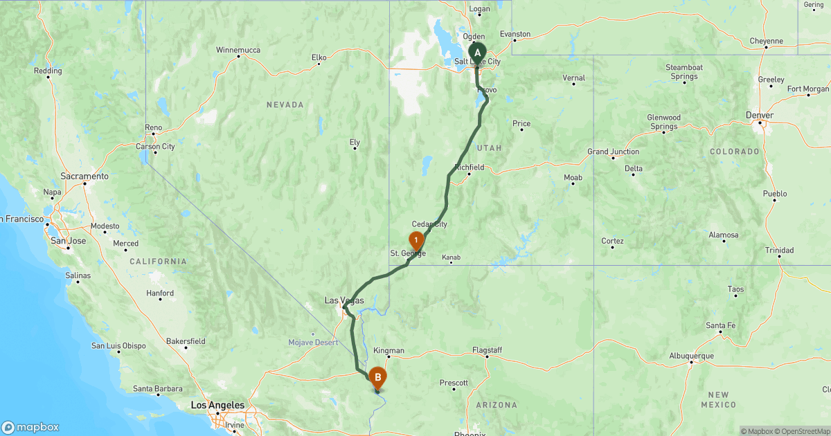 Map of the RV route from Salt Lake City, UT to Lake Havasu City, AZ