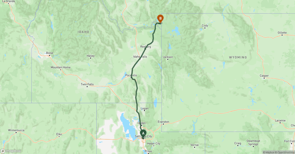 Map of the RV route from Salt Lake City, UT to West Yellowstone, MT