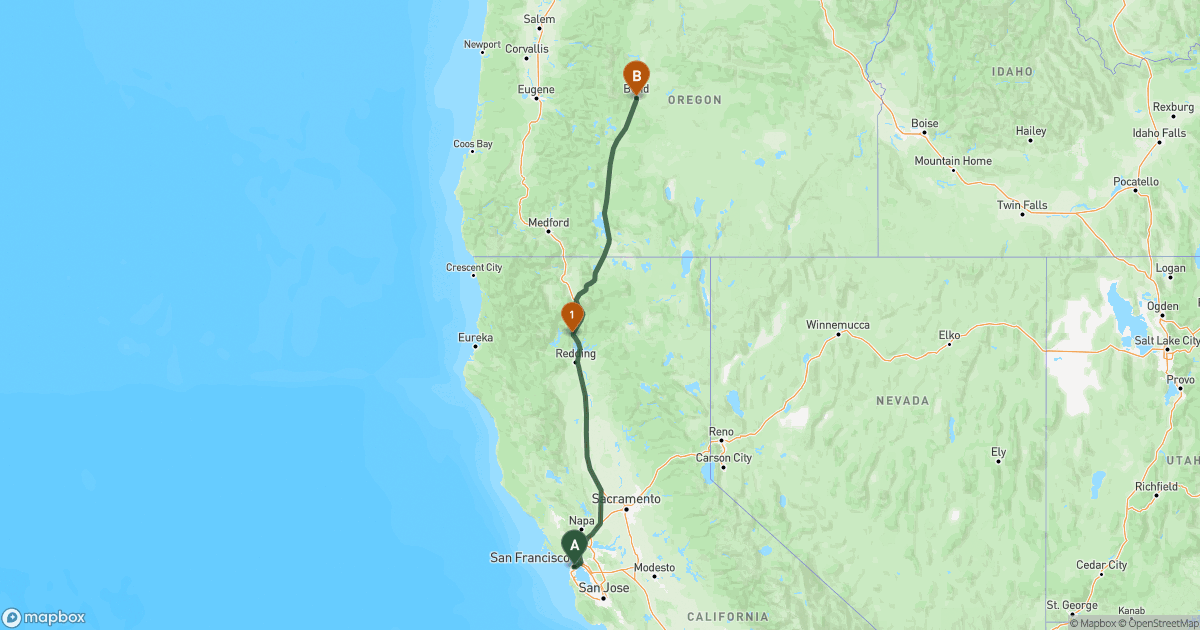 Map of the RV route from San Francisco, CA to Bend, OR