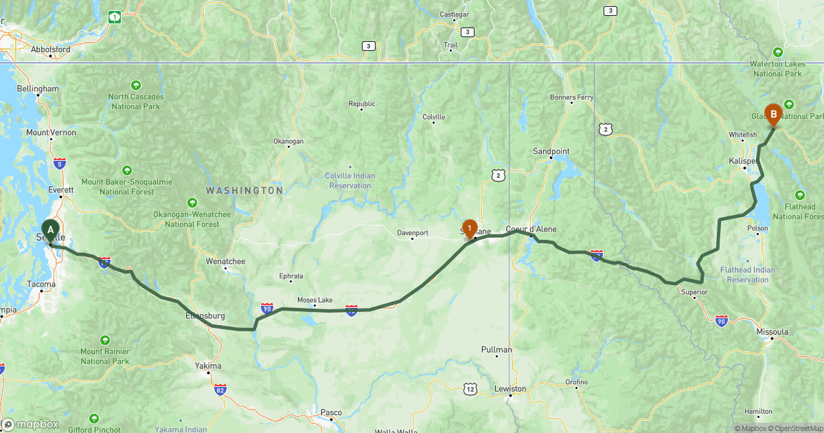 Map of the RV route from Seattle, WA to West Glacier, MT