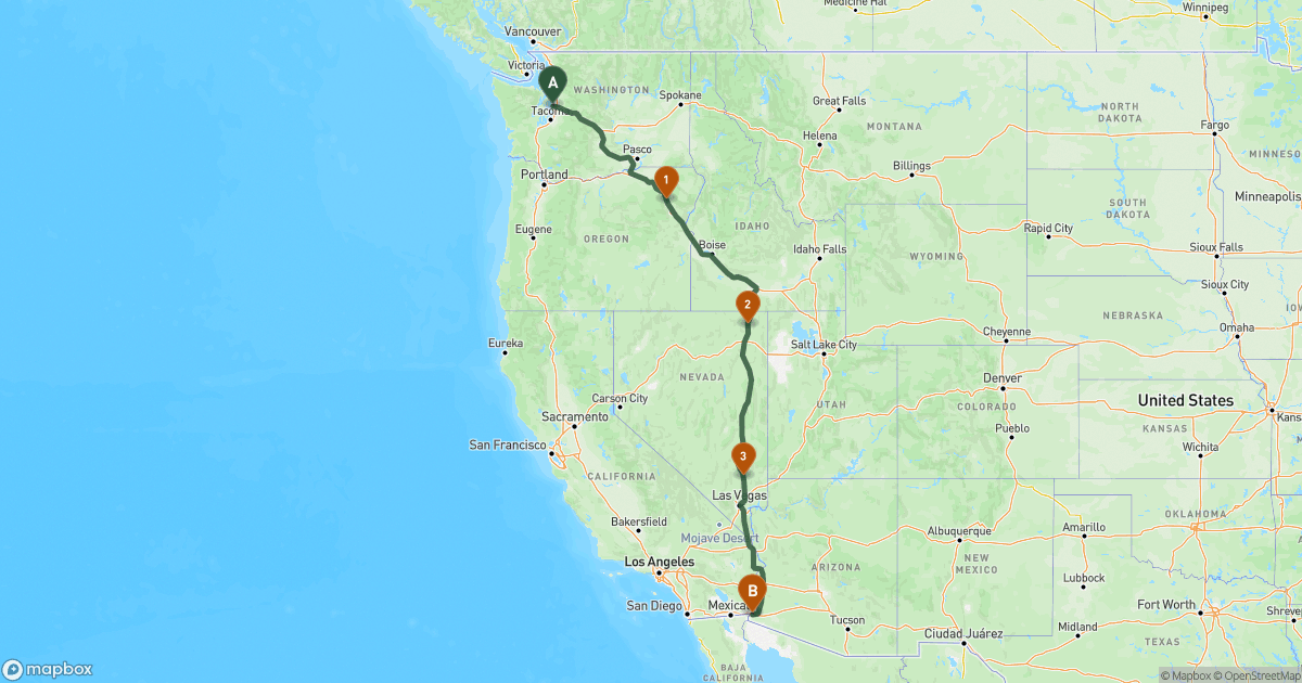 Map of the RV route from Seattle, WA to Yuma, AZ