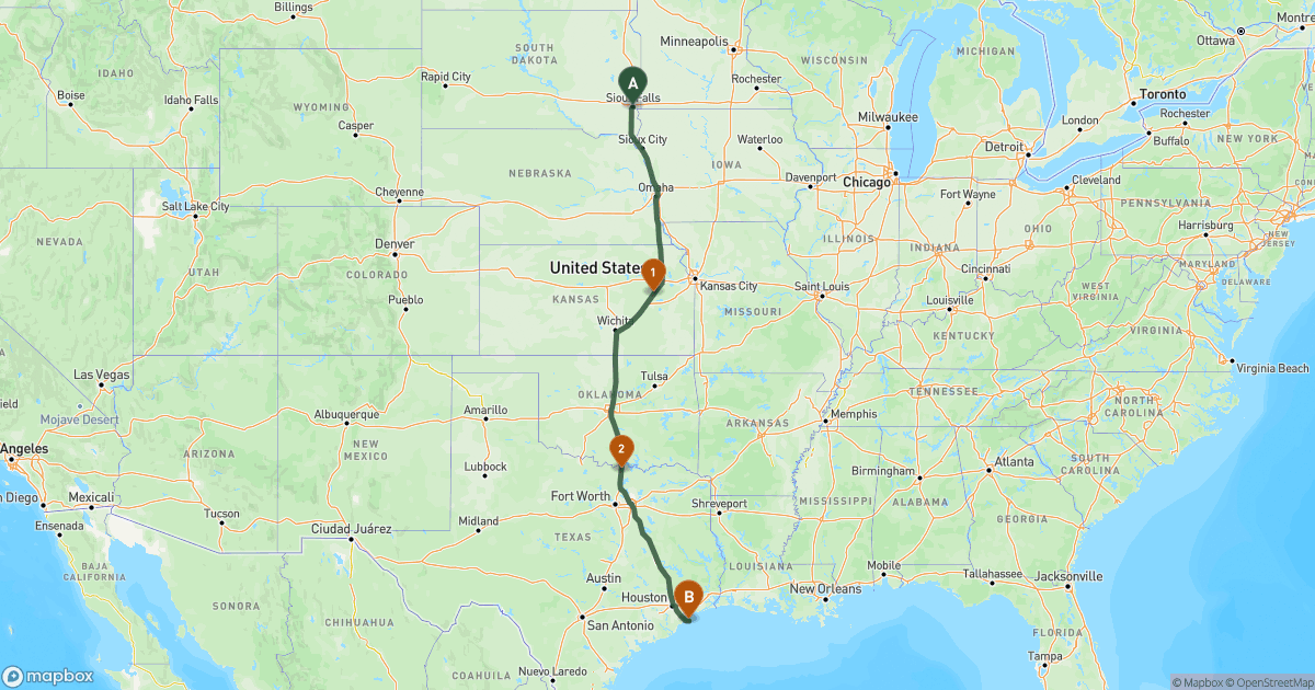 Map of the RV route from Sioux Falls, SD to Galveston, TX