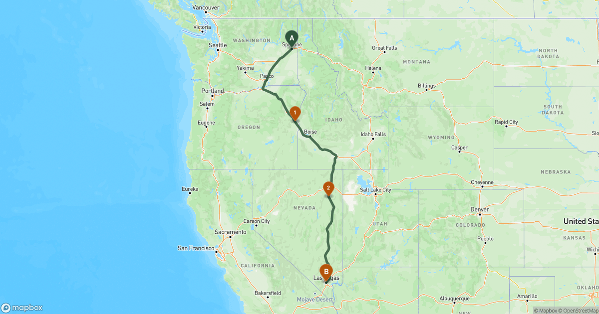 Map of the RV route from Spokane, WA to Las Vegas, NV