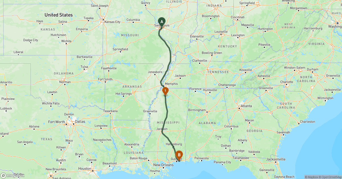 Map of the RV route from St. Louis, MO to Biloxi, MS