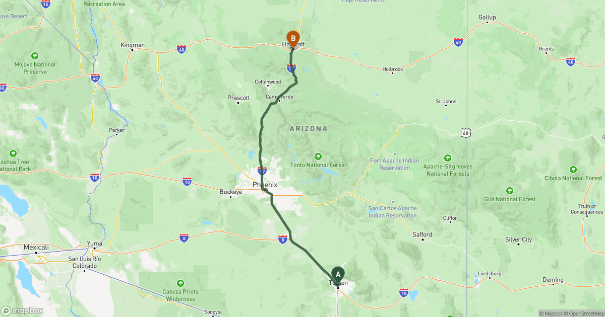 Map of the RV route from Tucson, AZ to Flagstaff, AZ